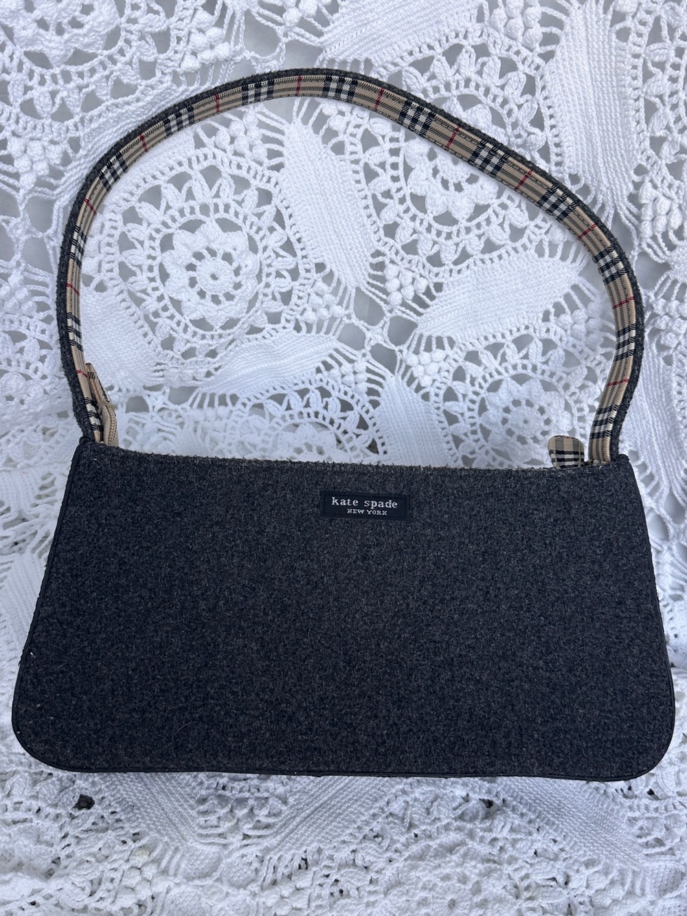 Vintage Kate Spade Black Wool Baguette Shoulder Bag Plaid Strap Y2K